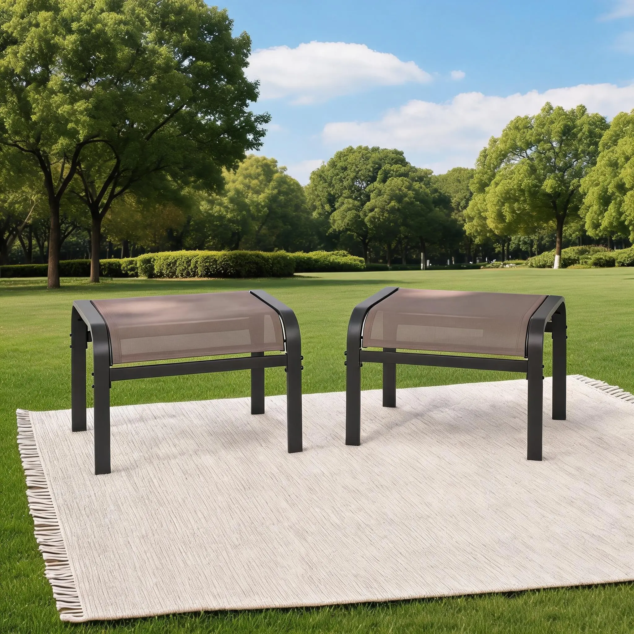 2PC Stackable Outdoor Ottomans Footstools – Durable Metal Frame & Textilene Fabric – Non-Slip Feet