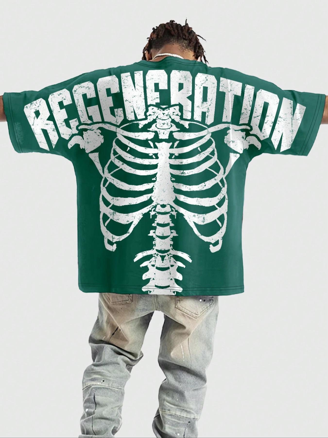 Men's Regular Fit Skeleton & Letter Print Round Neck Tee, Casual Short Sleeve Crew Neck T-Shirt for Summer, Fashion Men's Top for Daily Wear, Tropical