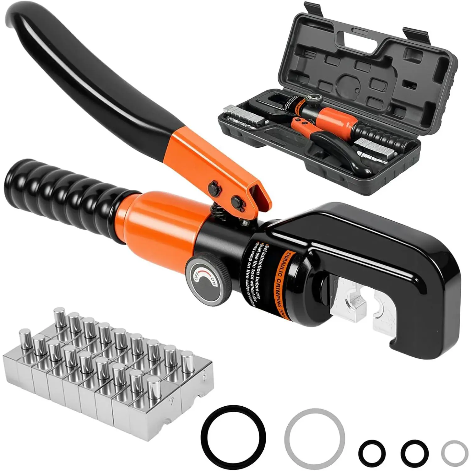 Hydraulic Crimping Tool, 12 to 2/0 AWG Crimping Tool with 9 Dies |   hydraulic cable crimper works with copper, aluminum, and stainless steel wires for professional and DIY projects