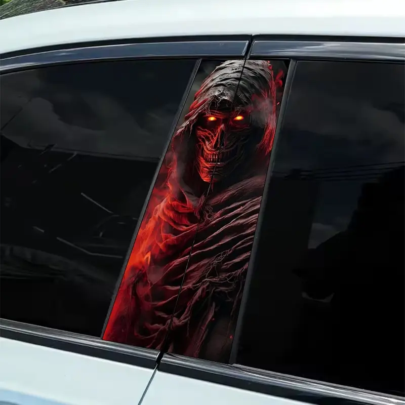 A red flame evil spirit themed sticker 2-piece B-pillar waterproof, scratch-resistant, suitable for all models - cars, suitable for Audi, Honda, Mitsubishi, Ford, Volkswagen, BMW, Opel, Porsche, Citroen. Sedan, SUV, MPV