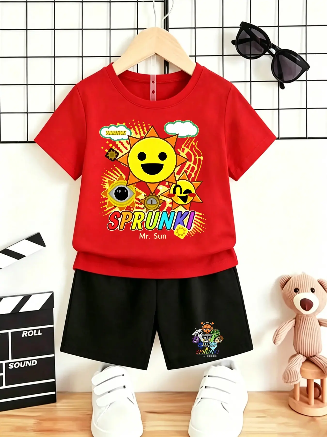 Hot Selling Sprunki Mr.Sun Cartoon Graphic Kids Outfit For Boys & Teenagers, Blue Short Sleeve Tee With Printed Shorts 2Pcs Set, Multi Color Daily Summer Suit, Ideal Children Birthday Gift#Kids Cartoon 2Pcs #Viral Boys Clothes