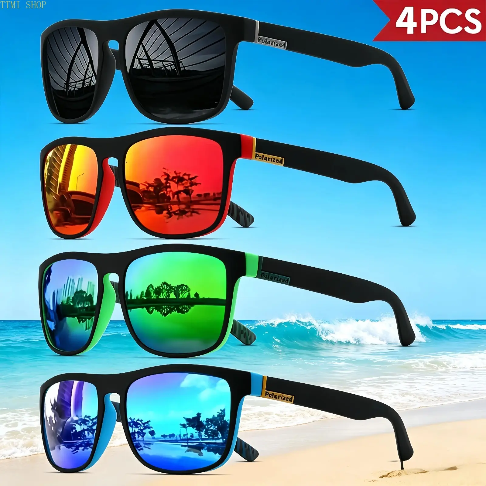4 Pack Unisex Classic Square Polarized Sports Sunglasses, UV400 Protection Lightweight PC Frame Shades, Outdoor Eyewear for Driving Fishing, Men Accessory & Boyfriend Gift