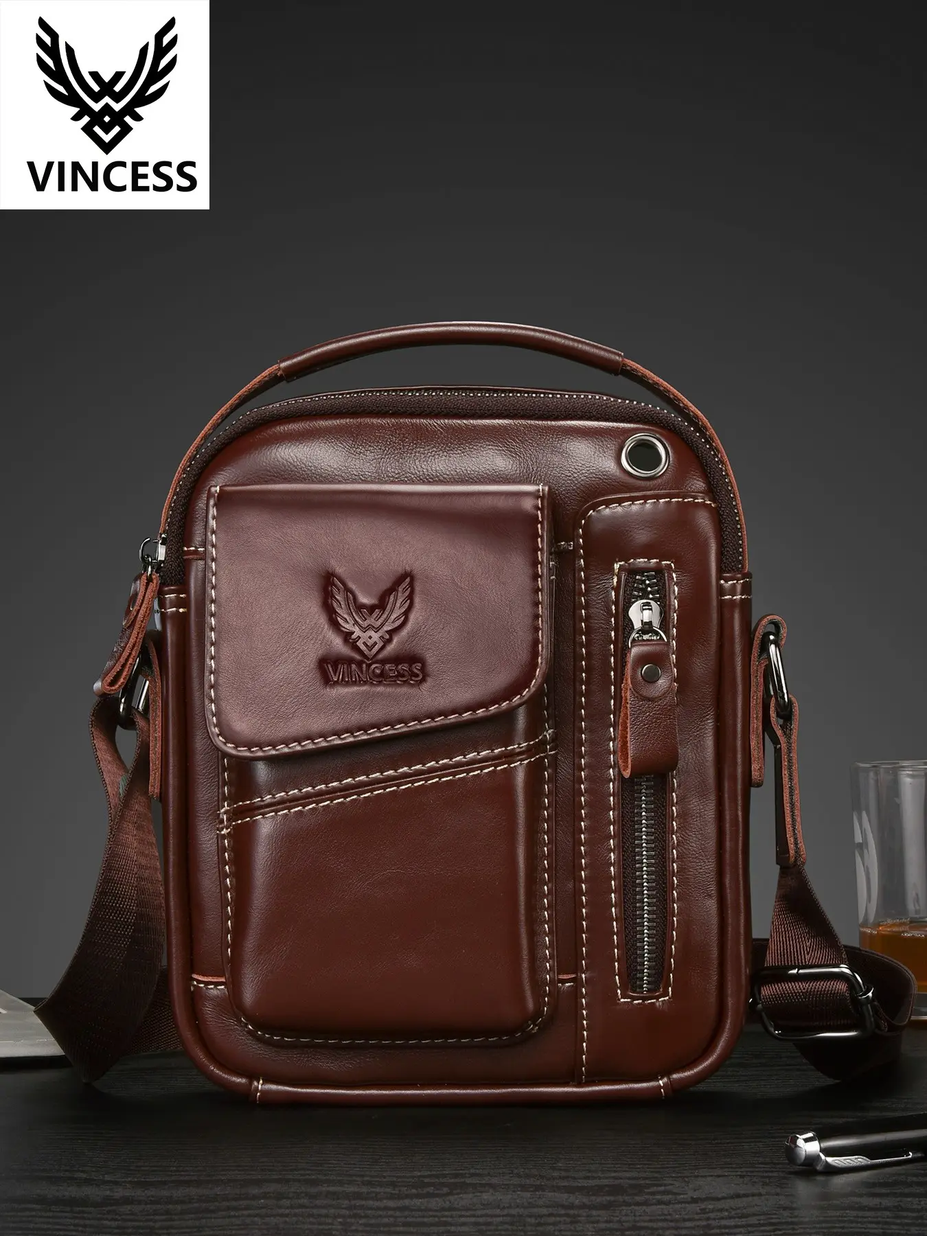 Vincess Men's Leather Messenger Bag, Casual Fashion Versatile Shoulder Bag, Large Capacity Crossbody Backpack, Durable and Stylish Travel Bag