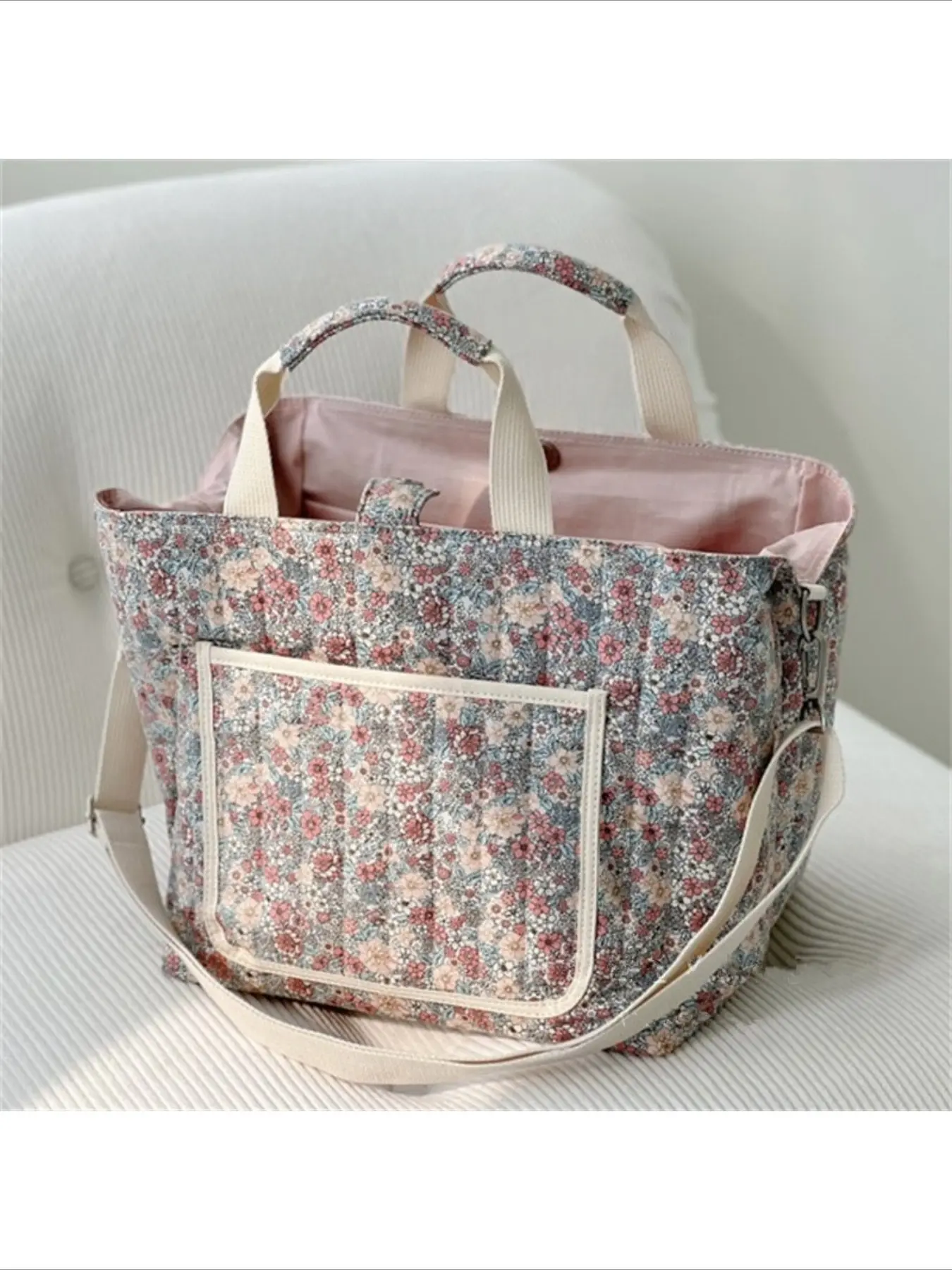 Floral Quilted Tote Mommy Bag, Mummy Bag, Convertible Crossbody Baby Diaper Tote, Diaper Purse, Cute Floral Print Portable Baby Care Handbag, All Seasons
