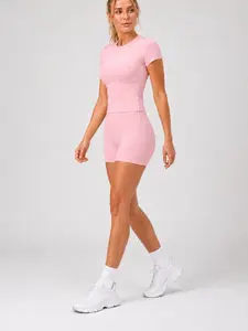 Women's Two-Piece Sports Set, Soft Short Sleeve Crop Top & High Waist Pocket Shorts, Casual Yoga Fitness Wear for Running, Gym and Training, High Elastic Activewear, Casual Breathable Sportswear