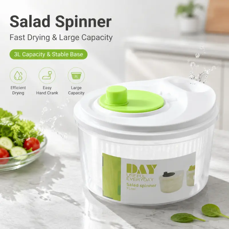 3L Hand Crank Salad Spinner Large Capacity Vegetable Dryer Efficient Water Draining Stable Base Quick Washing Drying Tool For Lettuce Spinach Fruit Kitchen Food Prep Storage Container