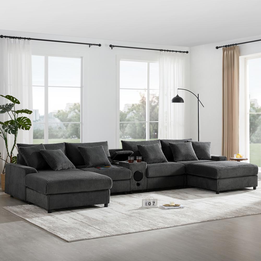 112'' Corduroy Sectional Sofa with Bluetooth Speakers, L-Shaped Couch with Console, USB Charger, Cup Holders, Storage, Ottoman, Deep and Wide Seat Cloud Sofa for Living Room & Apartment