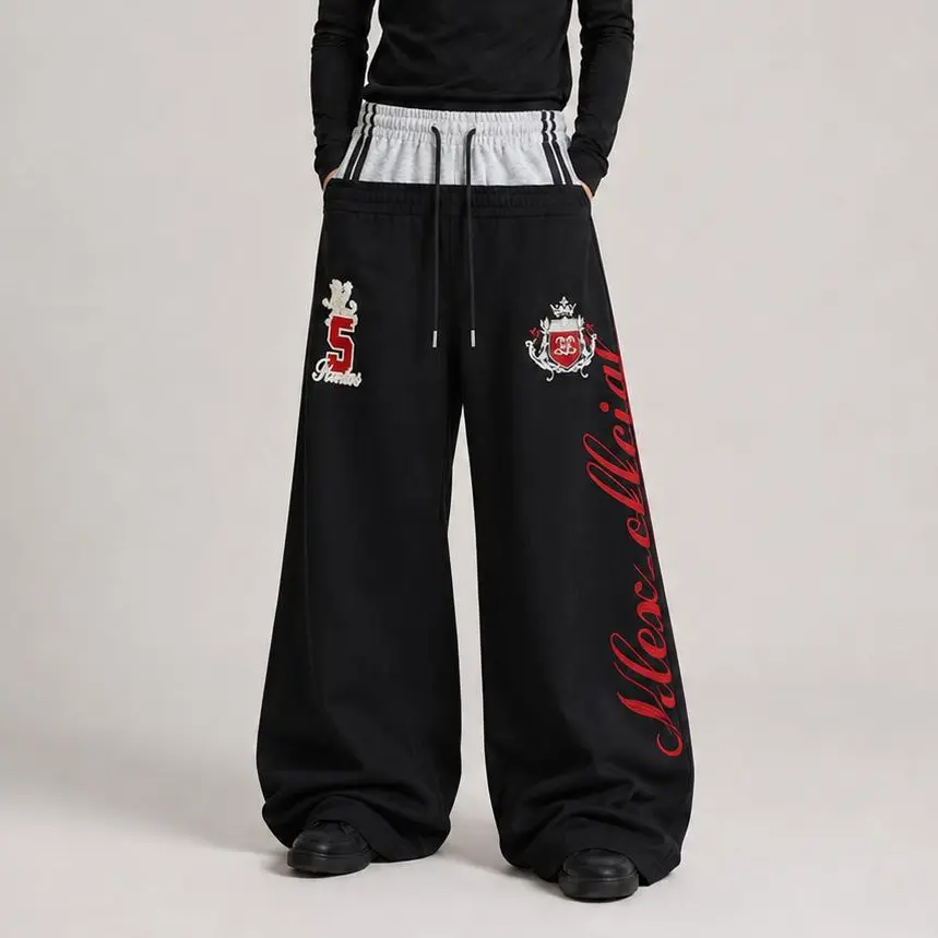 Men's American Street Color Block Double Waist Sweatpants, Relaxed Wide Leg Casual Pants with Embroidered Badge Detail for Everyday Streetwear #   wide leg sweatpants #   streetwear joggers #   embroidered track pants #   leg fashion casual comfort #   re