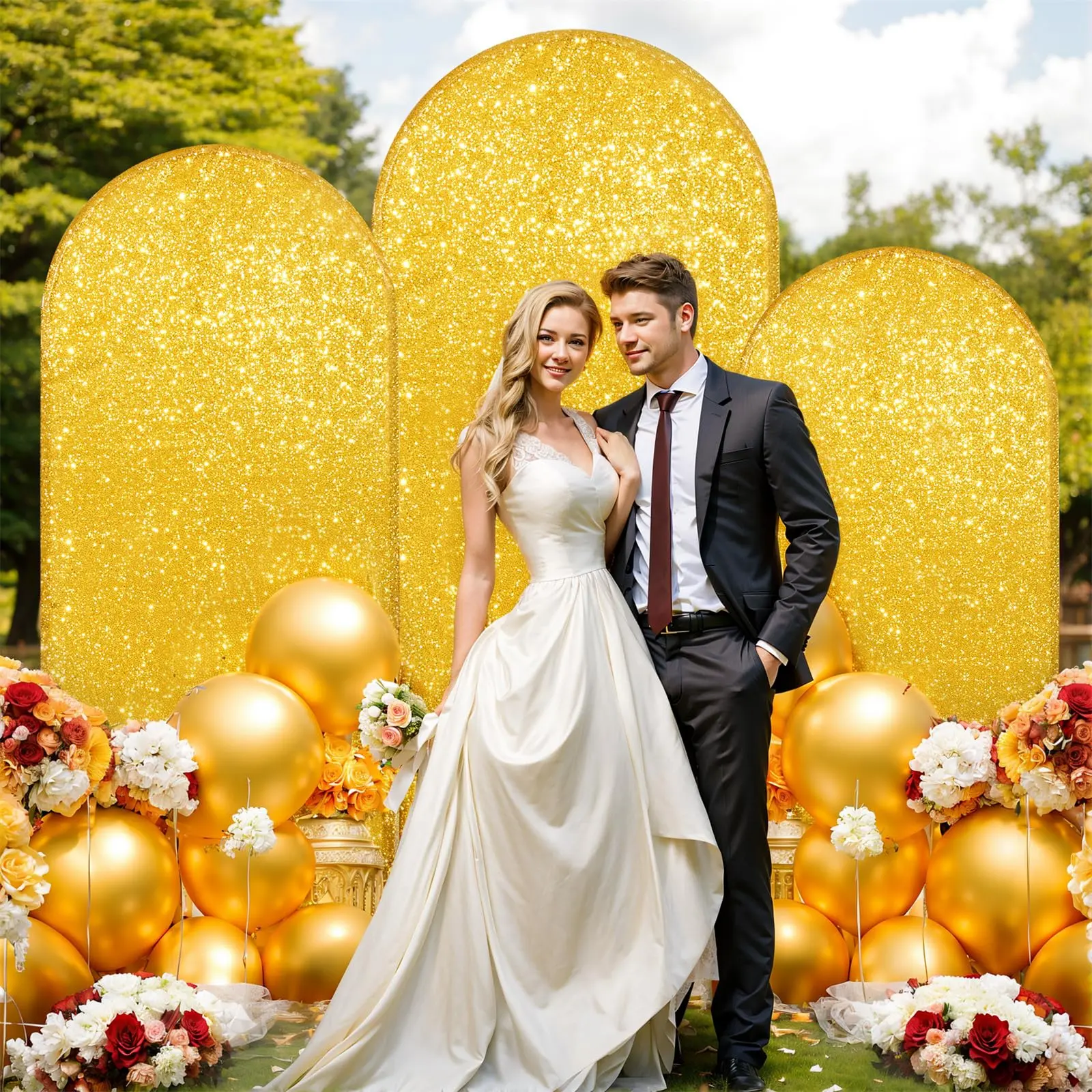 1PC Multi-Size Gold Sequin Arch Backdrop Curtain Cover with Zipper - Bling Look Round Top Design for Arch Frame - Ideal for Wedding, Photo Shoot, Event Decoration