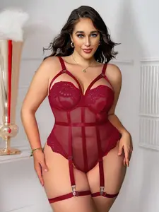 Lace Mesh Jumpsuit Set, Glamour Lingerie Set, Sexy Lingerie with Bra Cups, Thigh Girdle, Waist Belt, 4-Piece Set, Party Wear, Valentine's Gift, Plus Size
