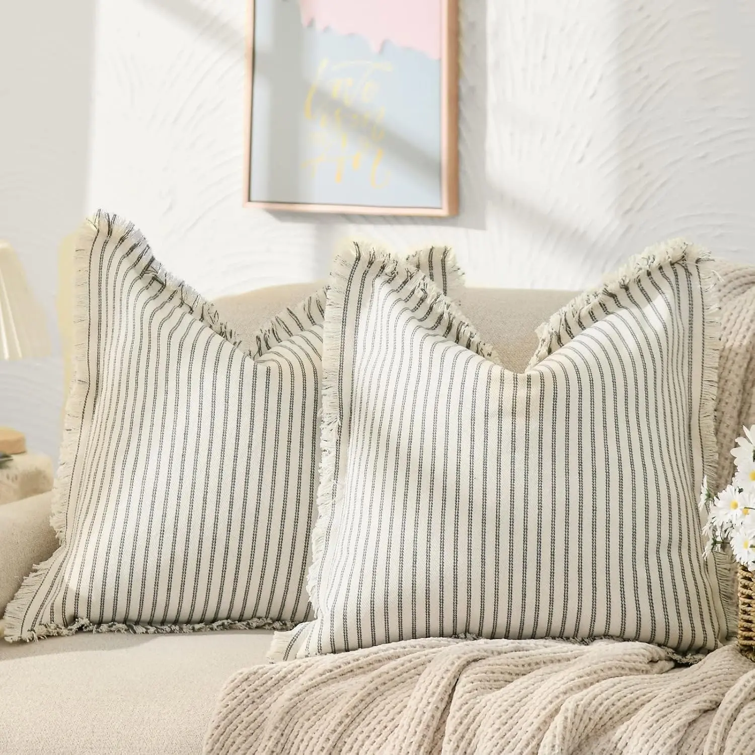 Throw Pillow Covers 18x18 Set of 2 Striped Pillow Covers with Chic Cotton Decorative Pillows Square Cushion Covers for Sofa Couch Bed Living Room Farmhouse Decor, (Gray)