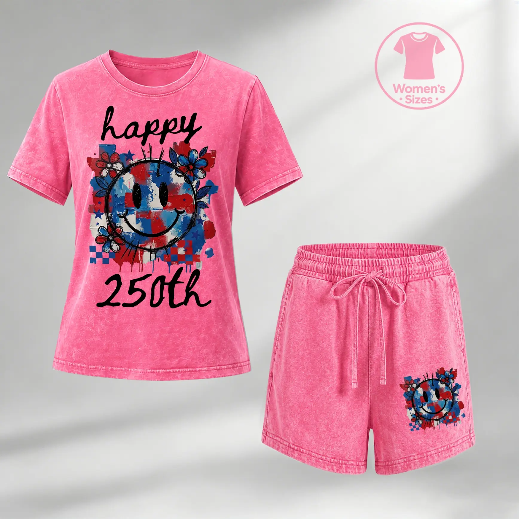 Women’s 100% Cotton Happy 250 Graphic Washed T-Shirt & Bermuda Shorts Set, Casual Crew Neck Two-Piece Outfit With Drawstring Waist, Soft Vintage Look
