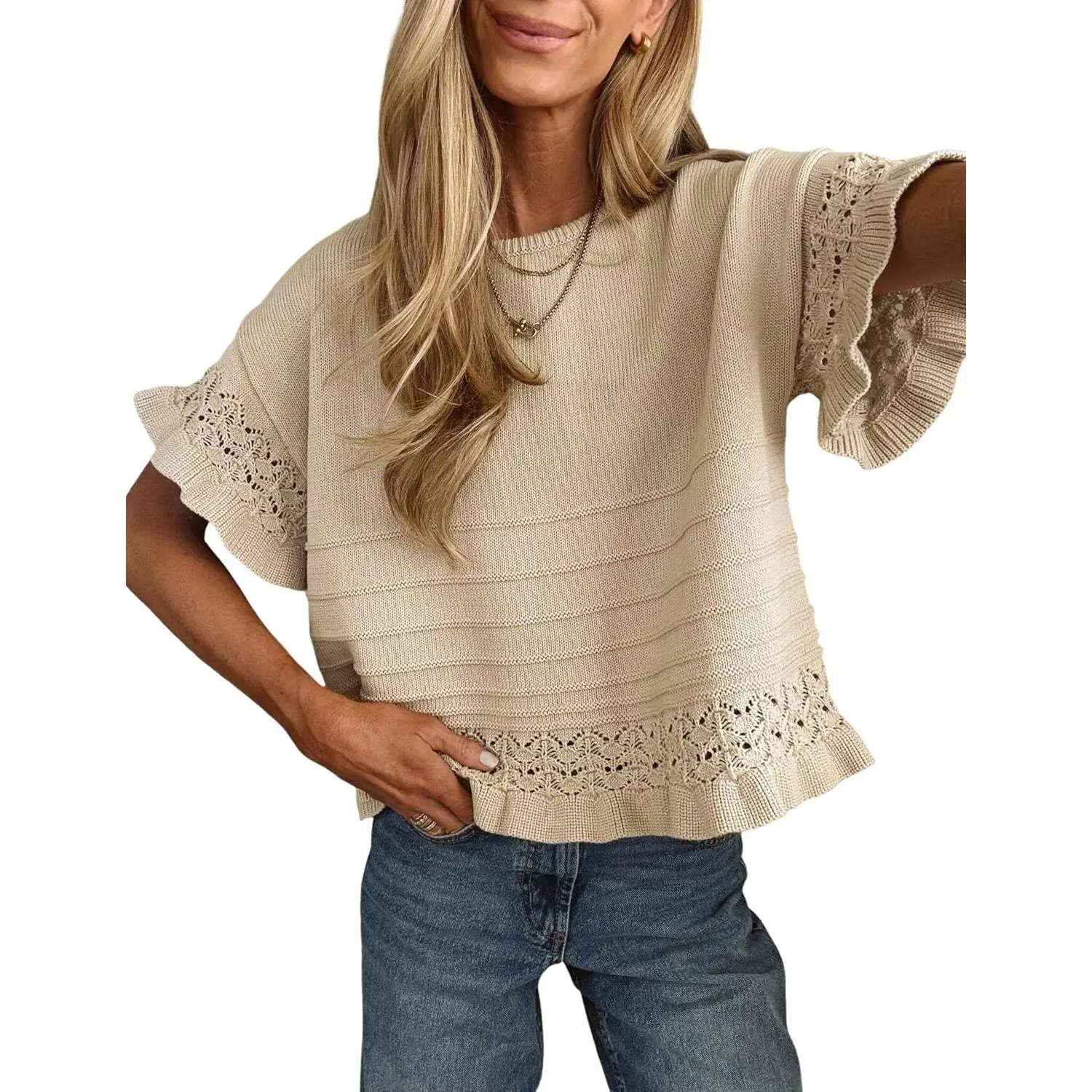 Womens Short Sleeve Sweater Round Neck Ruffled Hem Knit Crochet Pullover Summer Fall Casual Top Blouse