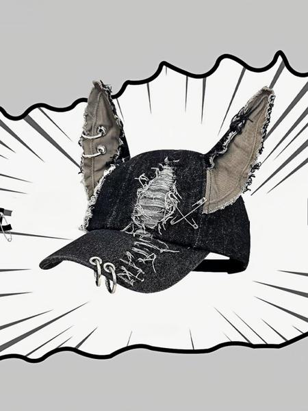 Unisex Wasteland Style Bunny Ear Baseball Cap, Adjustable Snapback Cap, Punk Denim Trucker Hat with Chain, Streetwear Hip Hop Costume for Halloween Party