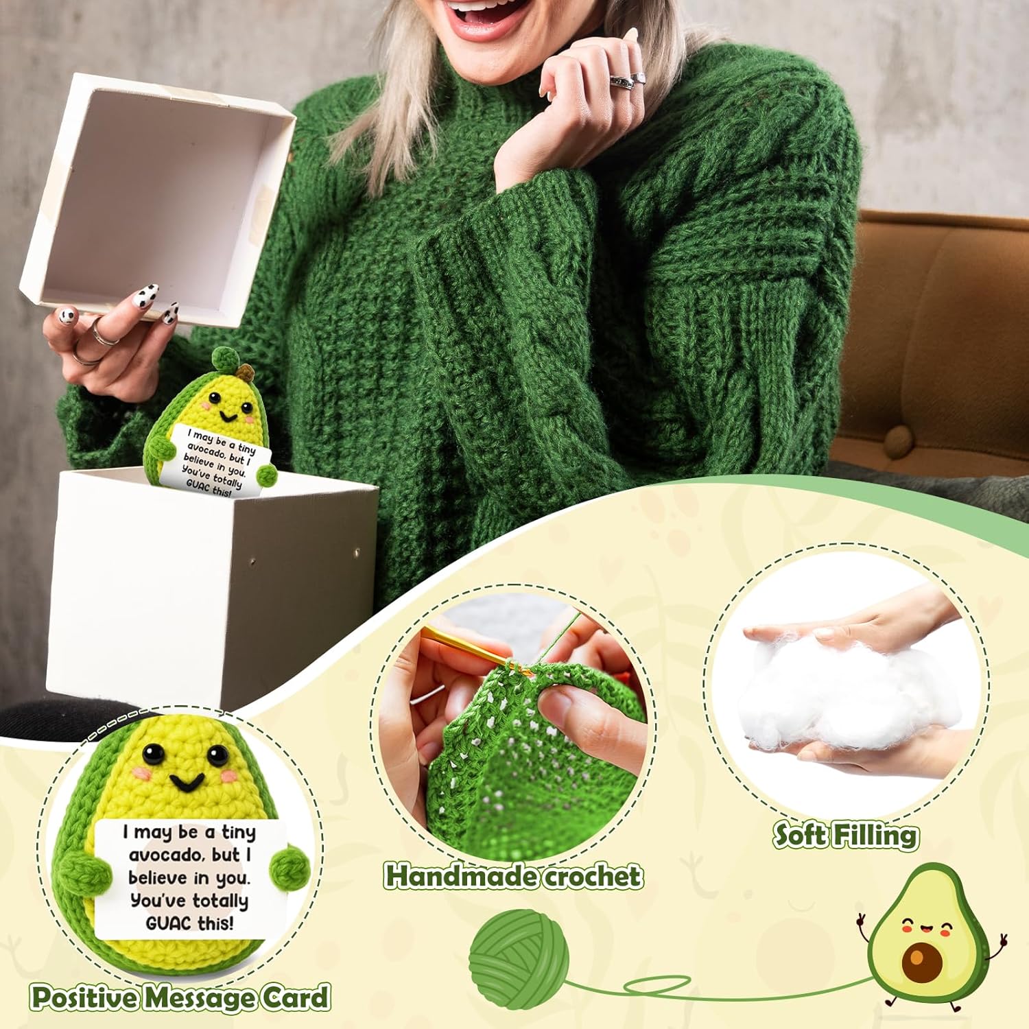 Positive Emotional Support Avocado Plush, Easter Basket Essentials & Stuffers, Cheer Up Gift for Teen Girls & Boys, Mini Cute Crochet Avocado Toy, Birthday Gifts for Mother, Graduation Presents & Teacher Appreciation Gifts, Adorable Desk & Home Decor