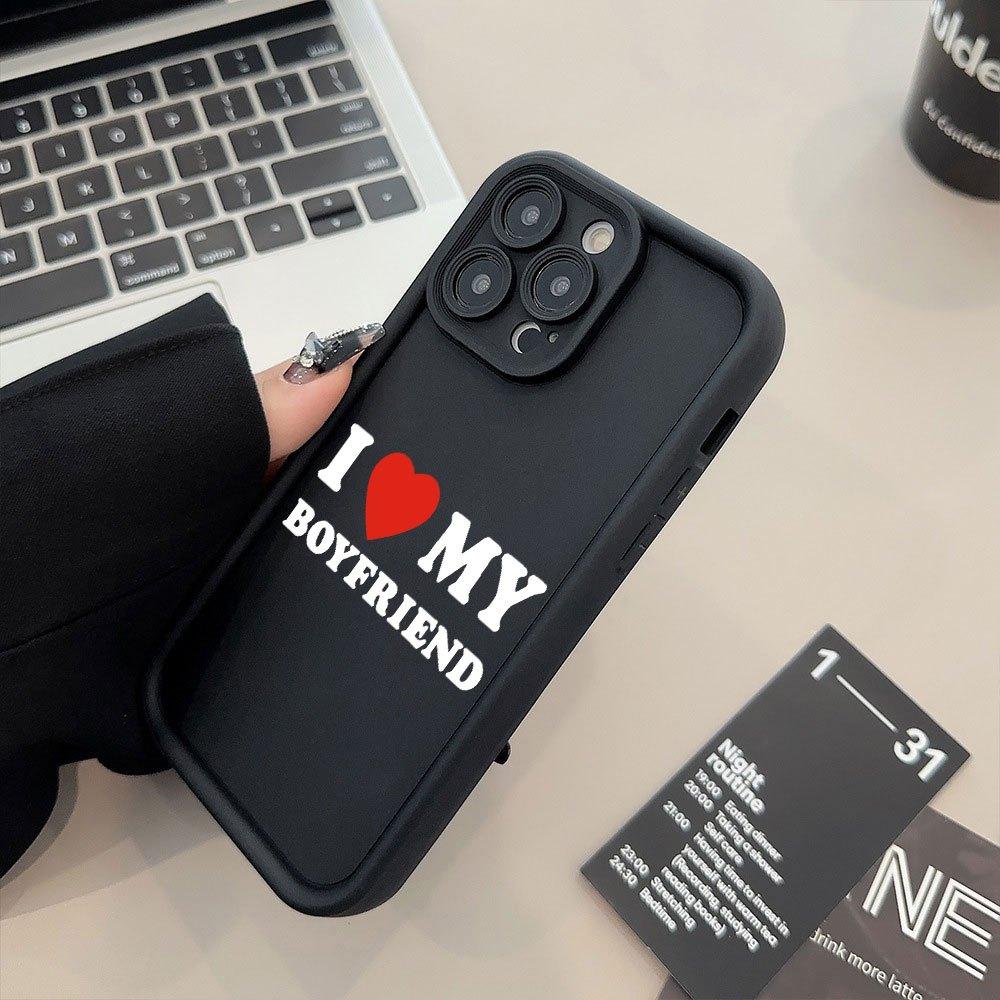 Black "I LOVE MY BOYFRIEND" Printed TPU Case for iPhone 17 Pro Max 16 16e 15 14 Plus 13 12 Mini 11 Air X XS Straight Edge Drop-Resistant Rugged Durable Cover Shell Gift 2D printing