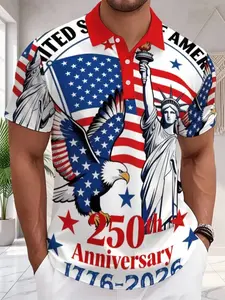 Men's Casual Short Sleeve Polo Shirt, Usa Flag Eagle Print, Summer Golf Wear, Festival & Daily Use, H-Type Fitted Design
