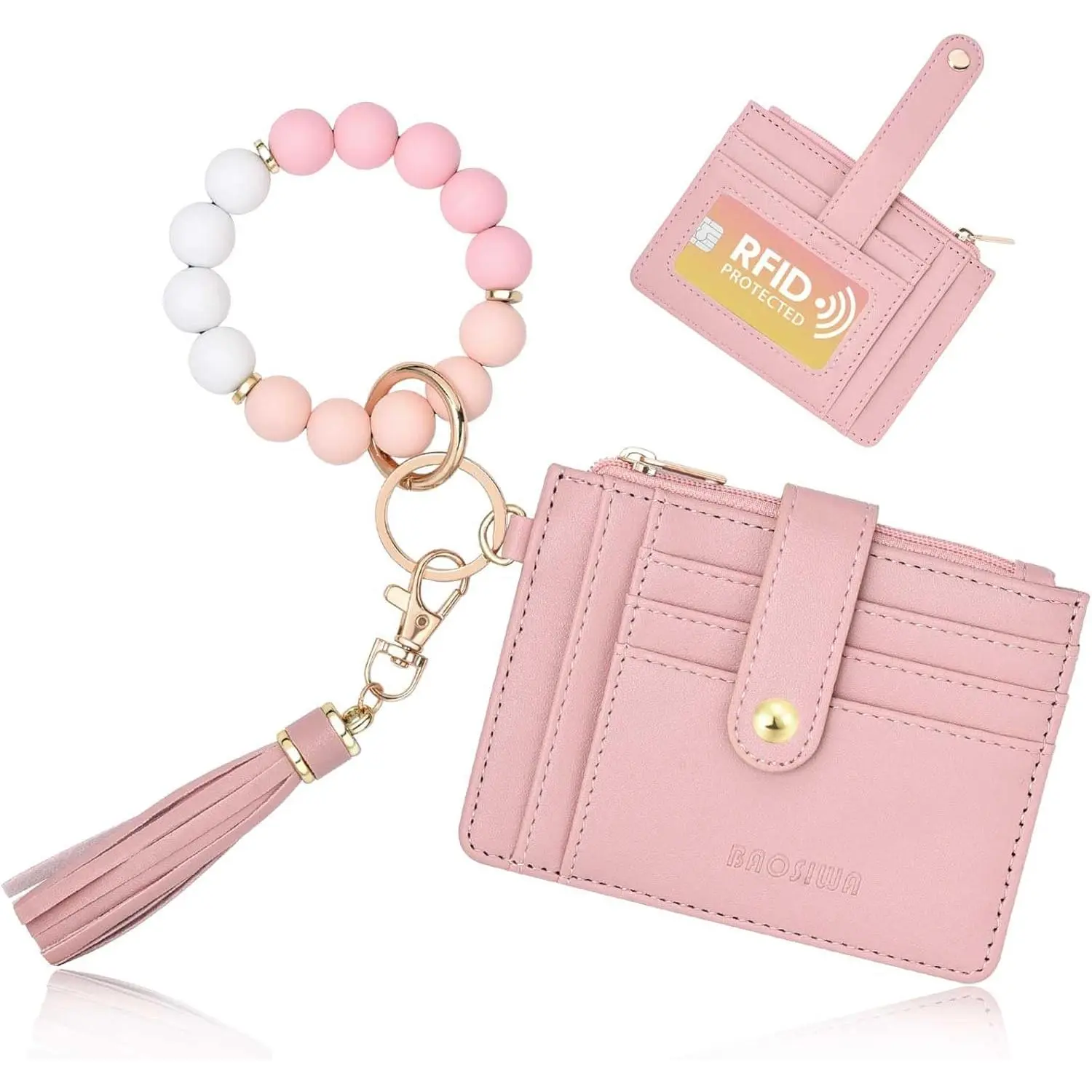 BAOSIWA Food Grade Silicone Bracelet Keychain Wallet for Women - Slim RFID-Blocking Wristlet Card Holder with Zipper Pocket, Stress Reliever, PU Leather Accents, Double Stretchy Elastic Cord, Machine Washable