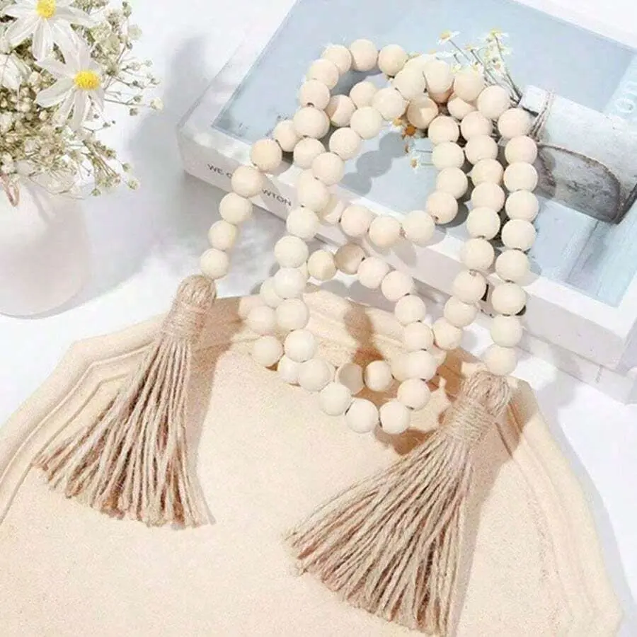 1 Piece Of Rustic Wooden Bead Garland With Tassels - 30/39/45/ 52inch , Bohemian Wedding Decoration, Essential For Bridal Shower, Table Centerpiece, Holiday Garland (Suitable For Doors/Halloween/Thanksgiving/Christmas), Home Decor Accent (For Bedroom/Livi