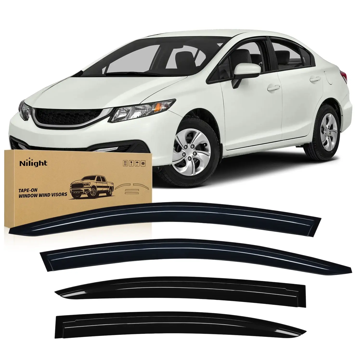 Nilight Tape-On Side Window Rain Guards - 2012-2015 Fit Honda Civic, Modified Acrylic Vent Visors, Rain Protection 4PCS Set