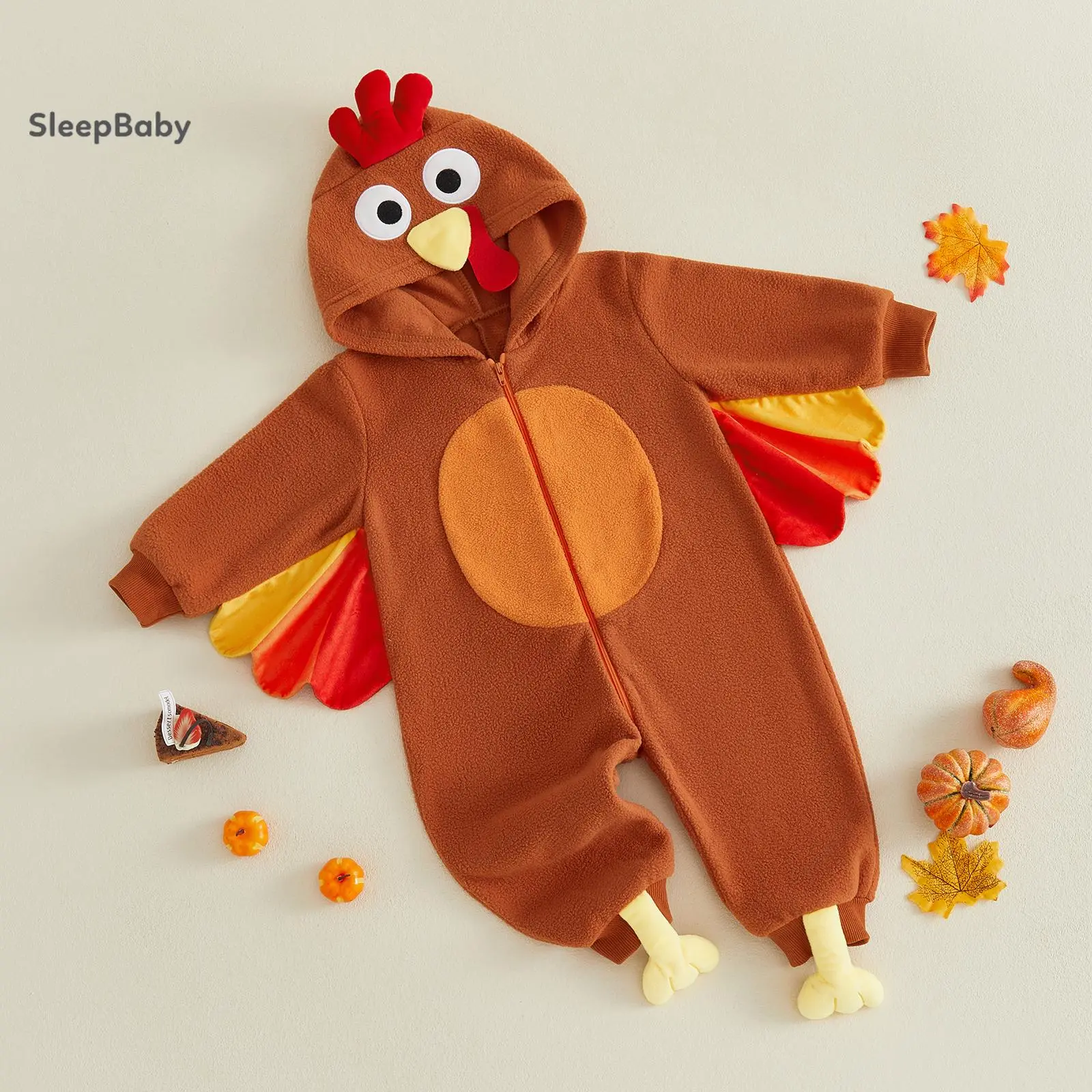 Cute Cartoon Turkey Animal Hooded Fleece Onesie Romper For Baby Toddler Full Front Zip 3D Wing Foot Decor Thanksgiving Day Cosplay Costume Holiday Party Gift Photograph Loungewear