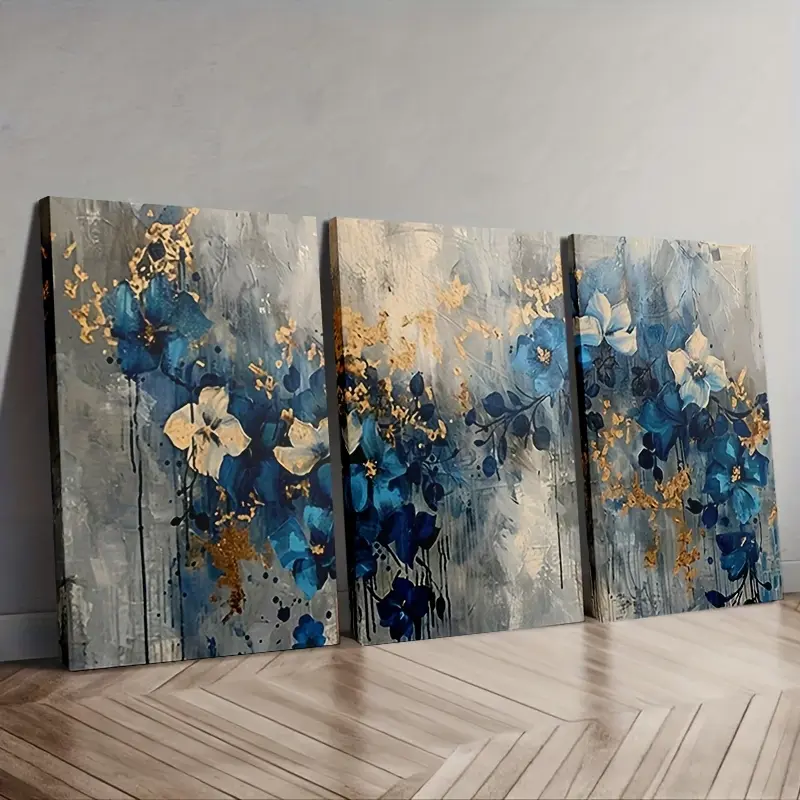 3-piece set 2D - Halloween decorations - Decorative painting - Blue and gold floral triptych - Poster - Halloween decorations - Painting supplies - Art supplies clearance - Home decor clearance - Wall decoration - Halloween