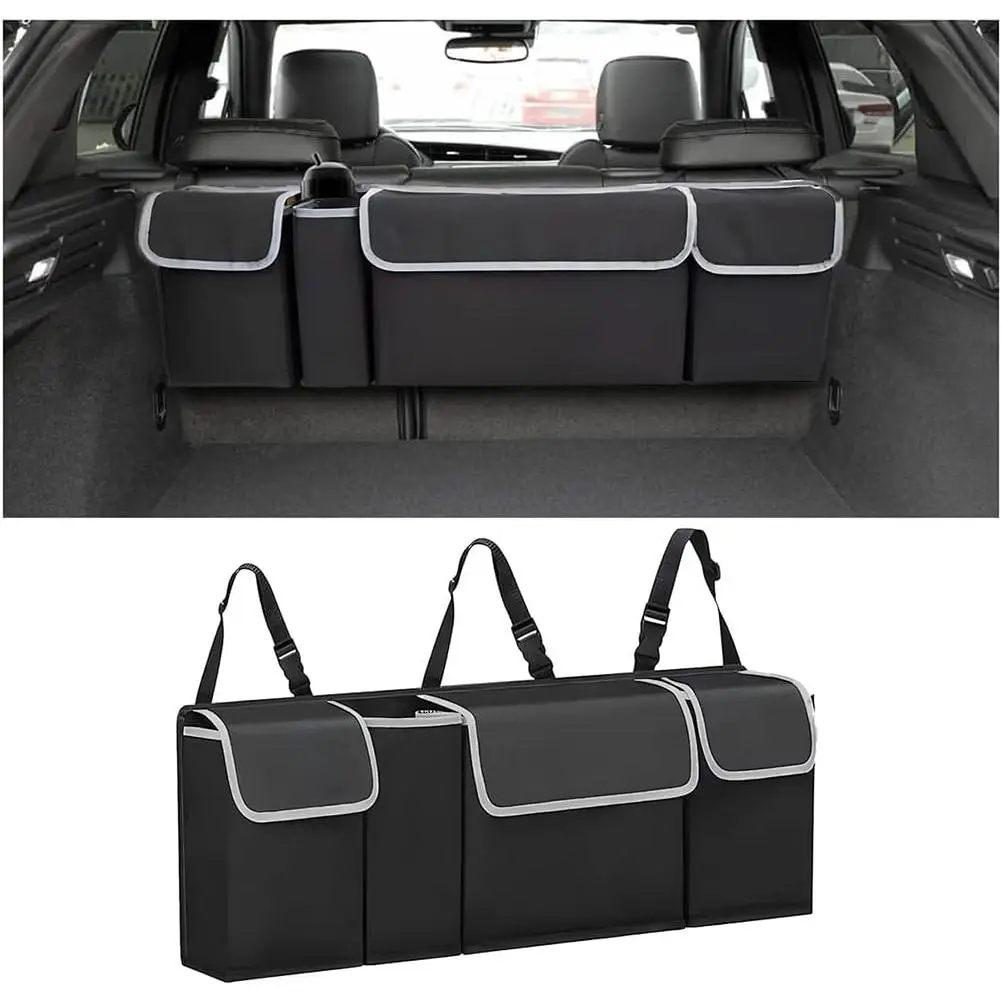 Car Trunk Organizer - 38.19*4.72*12.59 Inches Functional Backseat Hanging Storage, Waterproof Collapsible Cargo Bag with 4 Pockets, Adjustable Straps, Sturdy Universal Fit Space Saver for SUV, Truck (Ideal for Rainy Days)