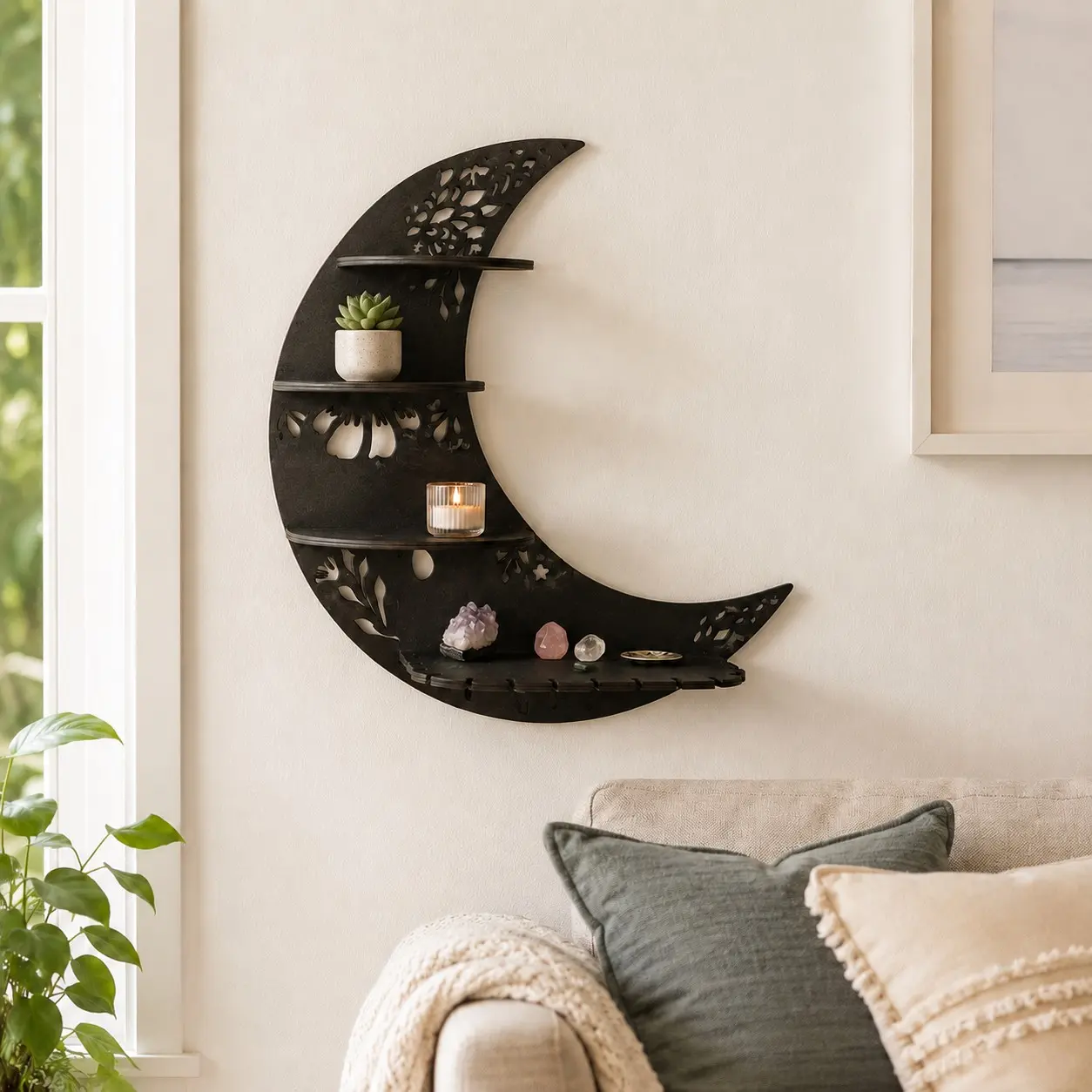 Moon Shaped Wall Mounted Shelf, 1 Count Wooden Wall Hanging Storage Rack, Wall Mounted Holder, Wall Mount Design, Wall Decor for Home Interior Living Room Bedroom, Home Decor, Decorations Supplies, Wall Shelf Unit