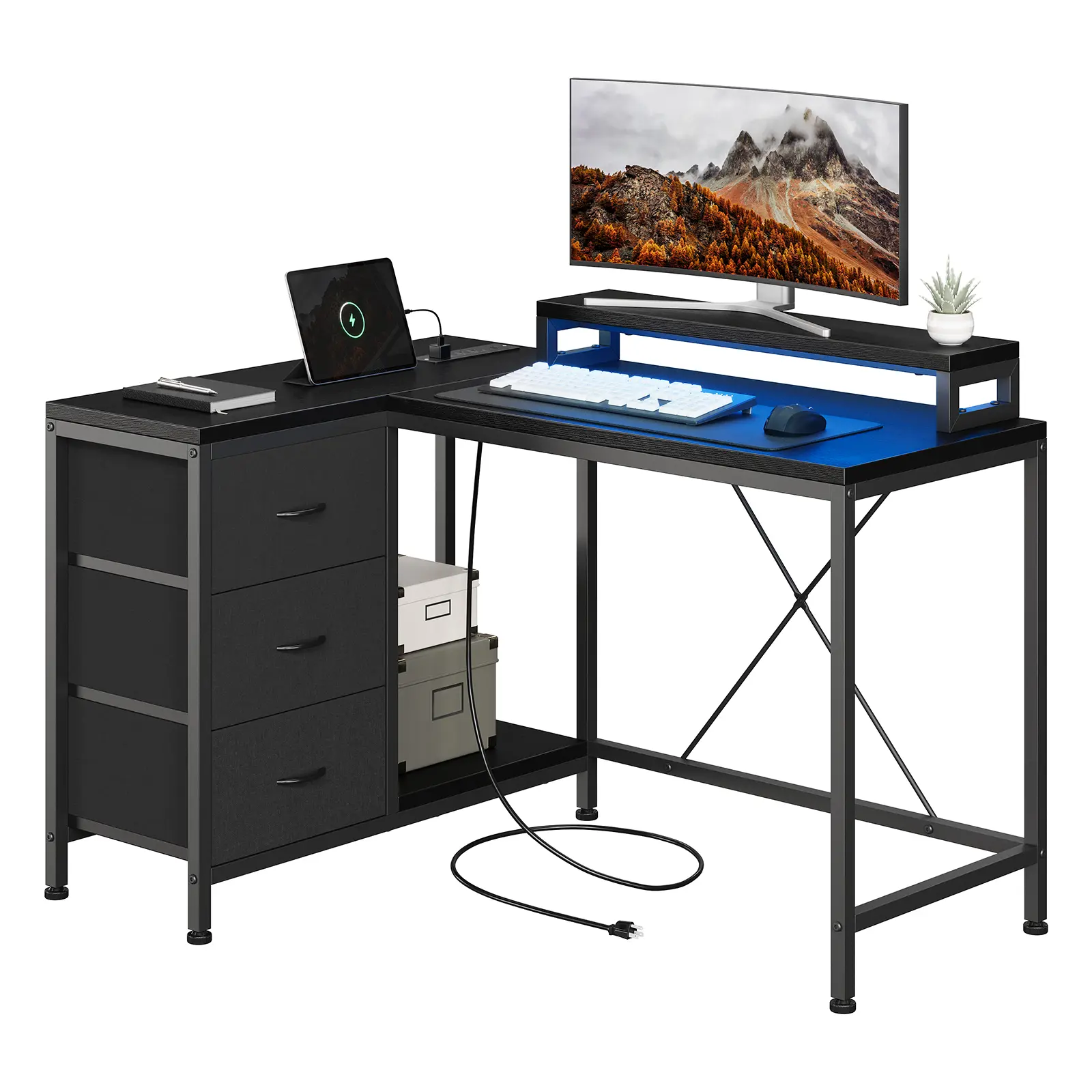Gaming Desk l Shaped with Power Outlets & LED Lights, Computer Desk with Drawers & Shelves, Electric Corner Desk for Home Office, PC Gaming Setup