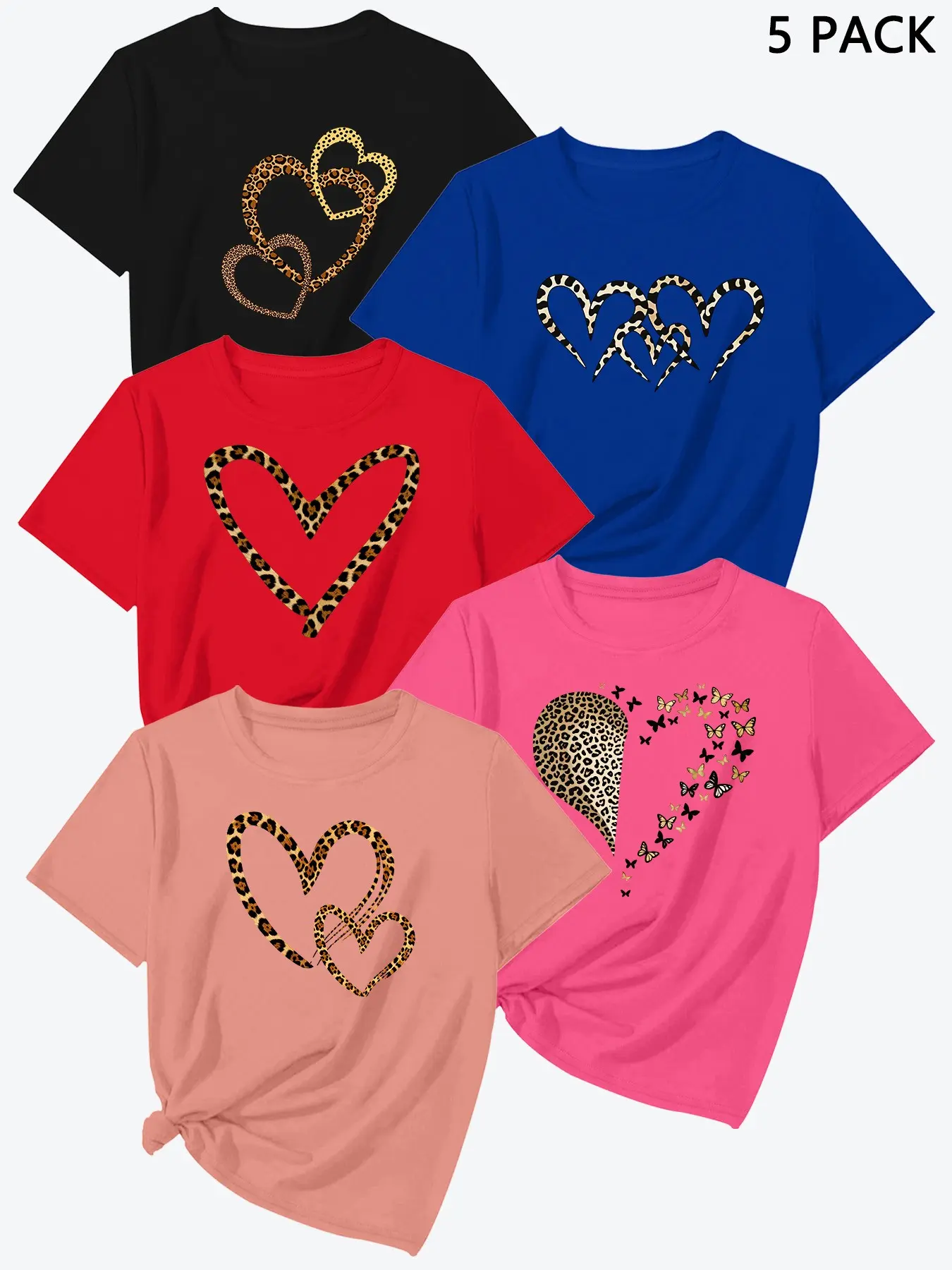 Summer New Heart Print Short Sleeve, High-Quality Women's Athletic Tee Set of 5, Casual Fitted Top, Multiple Colors Available