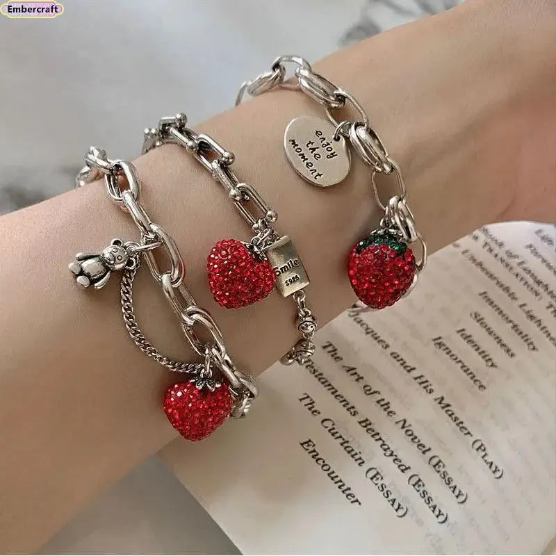 Viral Aesthetic Strawberry Charm Chain Bracelet for Women, Sparkly Cubic Zirconia Chunky Link Bracelet, Stackable Coquette Y2K Jewelry, Cute Rhinestone Bangle for Everyday Wear, Party, Vacation & Birthday Gift, Cubic Zirconia Chain, Sparkly Rhinestones