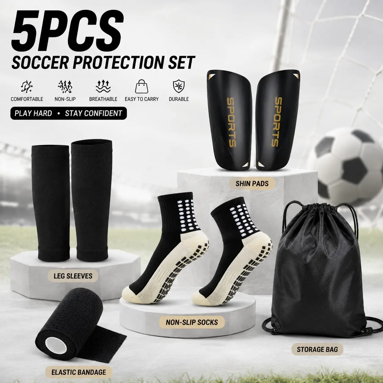 Complete Football Gear Set 5 Piece, All-In-One Training and Match Equipment, Essential Soccer Accessories for Players