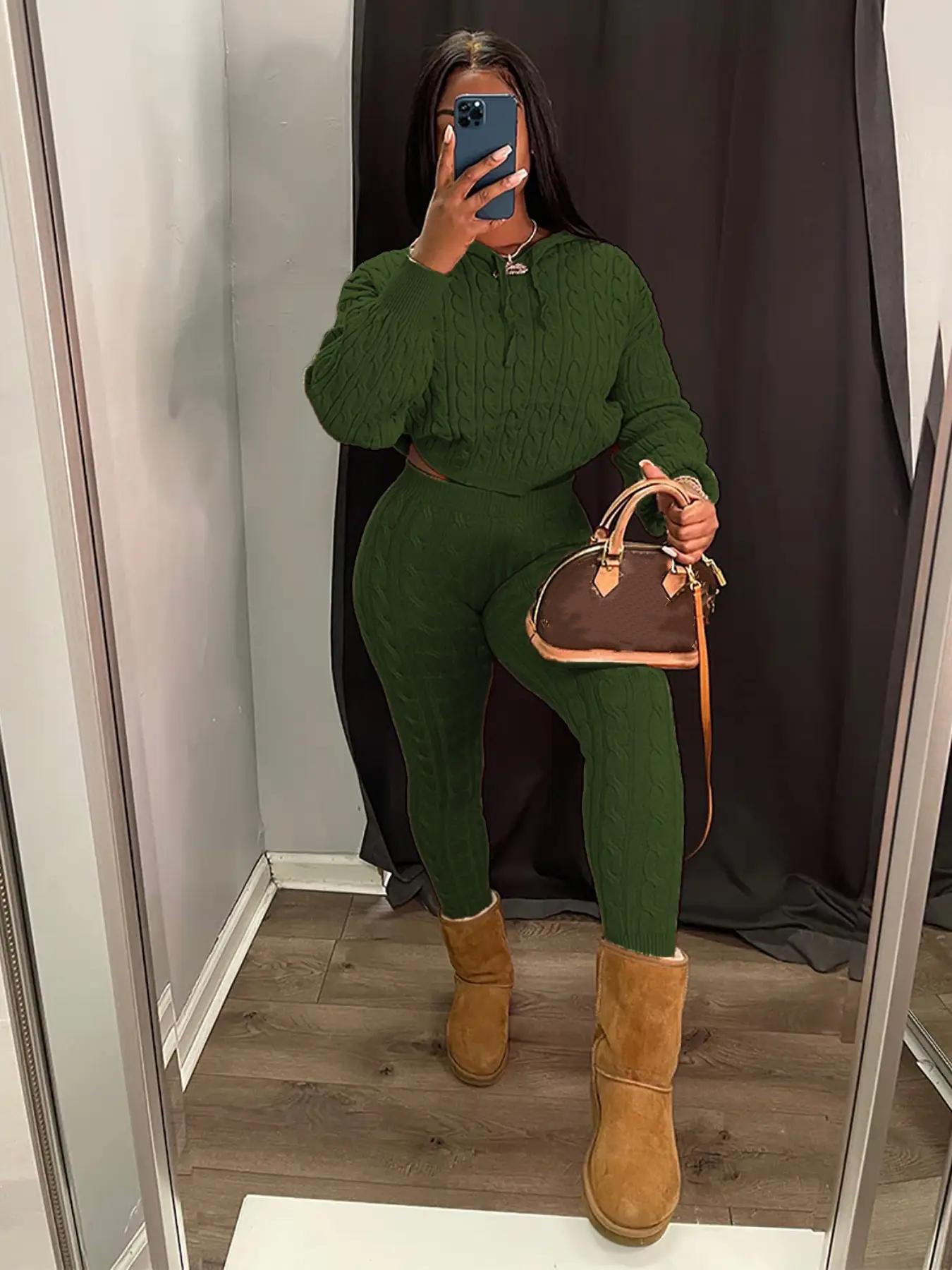 Women's Minimalist Textured Long Sleeve Crop Hooded Sweater & High Waist Skinny Pants Set, Casual Cozy Lady Knitwear Outfits Suits, Basic Womenswear