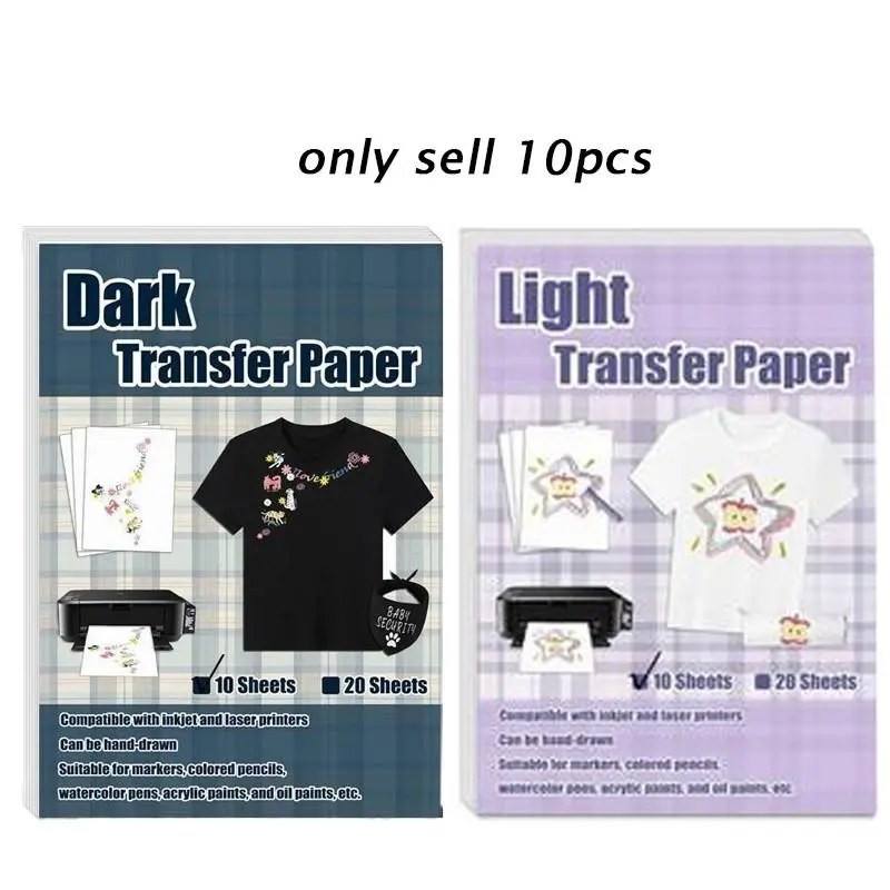 10 Sheets/Package A4 Heat Transfer Iron-on Paper for Light/Dark T-Shirts, Compatible with Inkjet and Laser Printers
