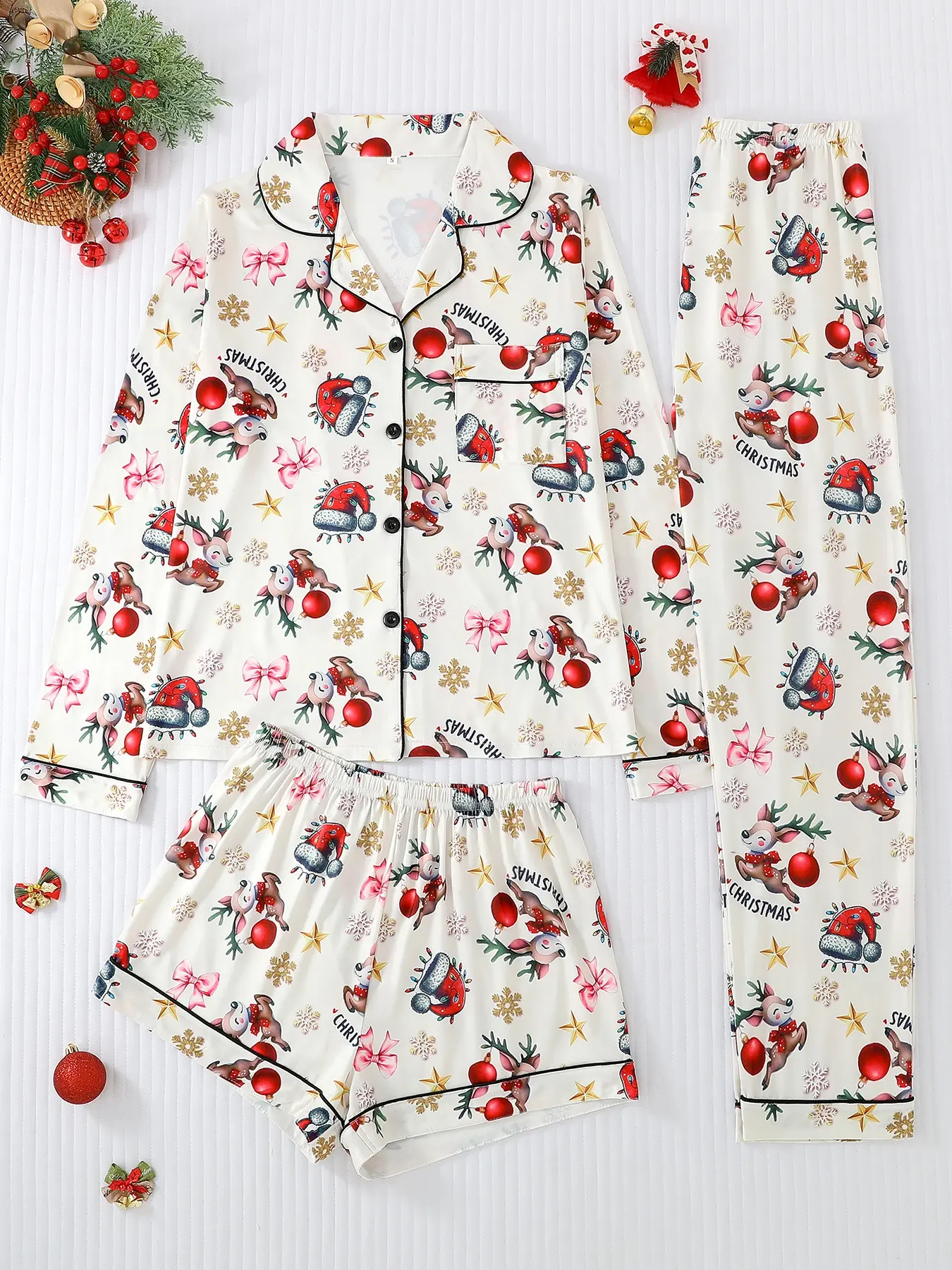 Women's 3-Piece Pajama Set, Long Sleeve Button Front Top & Pants, Christmas Gift Idea, Comfortable Loungewear for Home & Outdoors