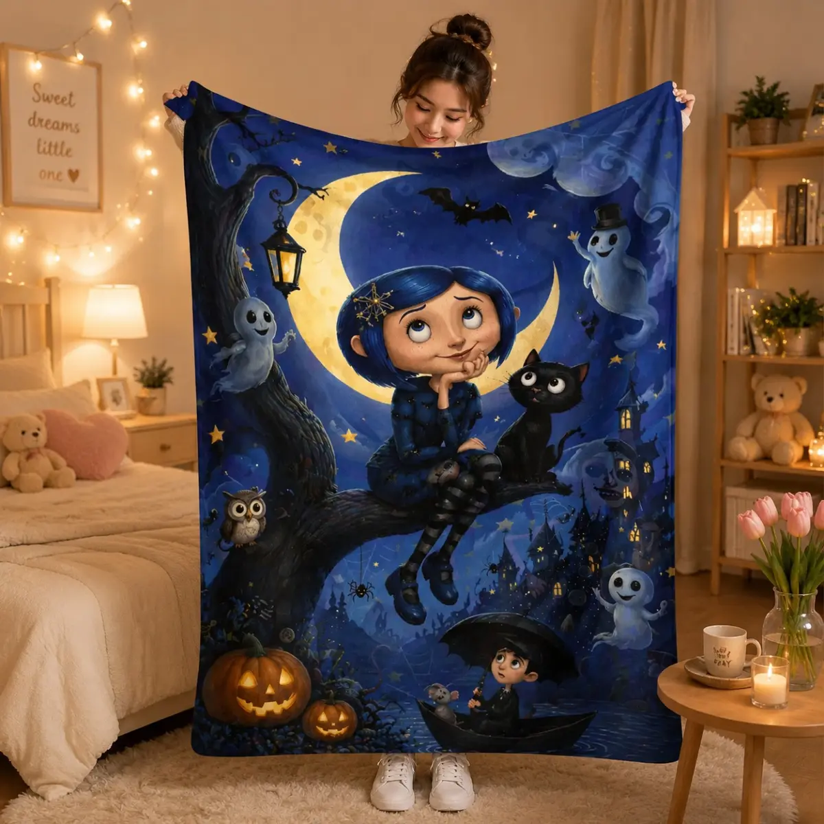 Coraline Anime Theme Polyester Flannel Throw Blanket - Spooky Cute Ghost, Black Cat, Pumpkin Full Print, Classic Soft Home Room Decor for Bedroom Sofa, Ideal Halloween Birthday Gift for Dark Fantasy Art Enthusiasts