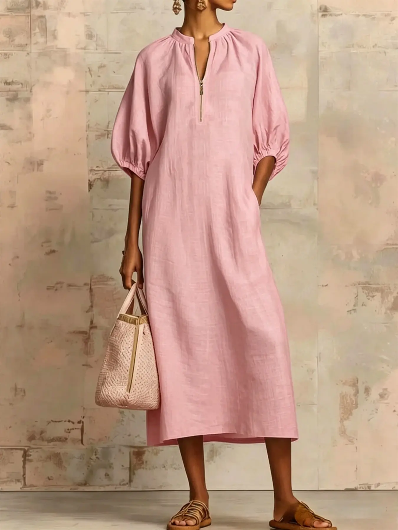 Women's Half-Zip Long Dress, Casual Basic Minimalist Seven-Quarter Sleeve Loose Fit Maxi Dress, Comfortable Daily, Everyday