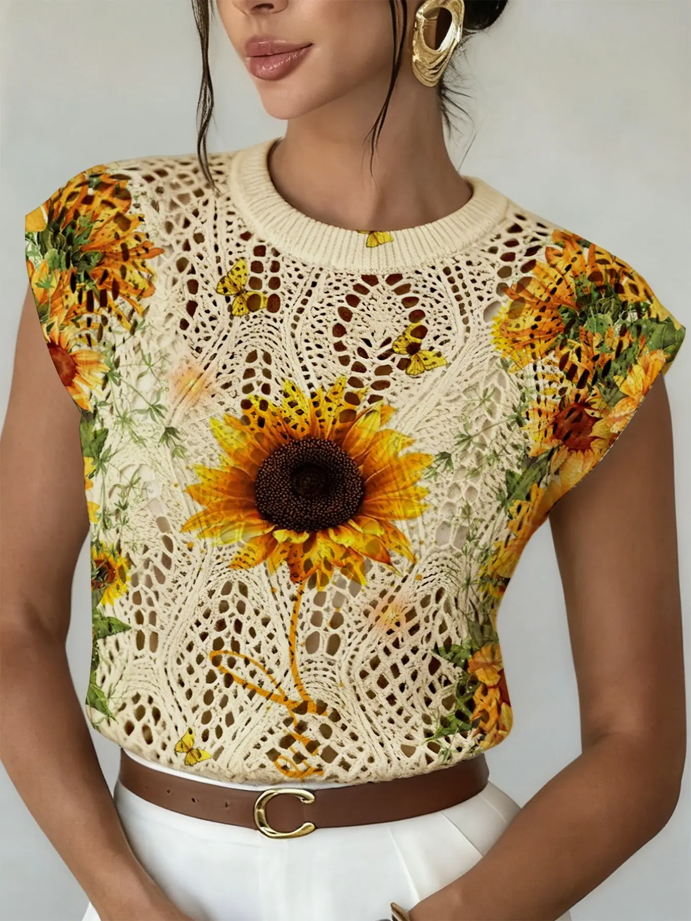 Women's Bohemian Sunflower Print Hollow Out Knit Sweater, Casual Loose Fit Round Neck Pullover, Comfortable All-Season Top