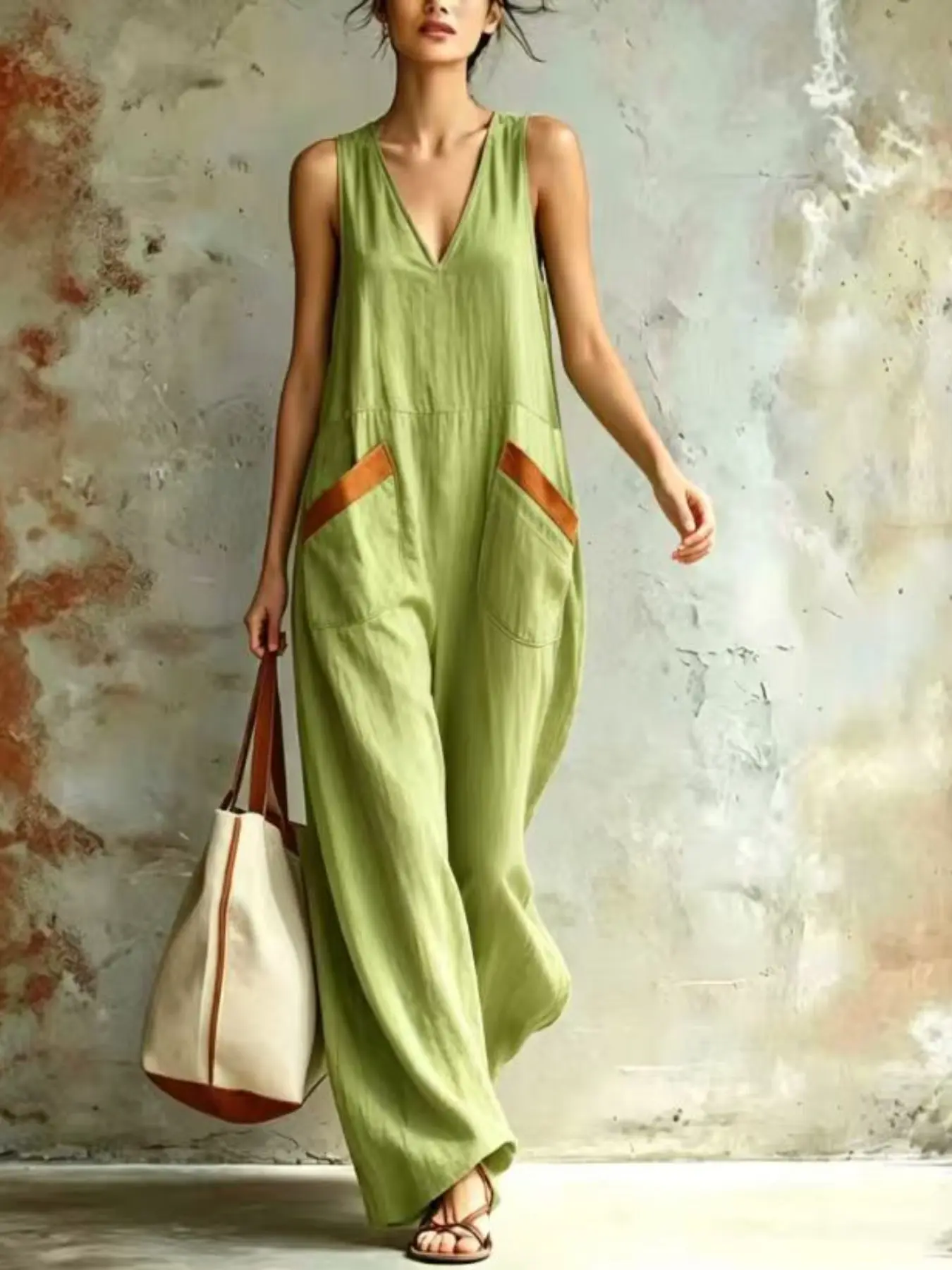 Women's Summer New Casual Fashion Sleeveless V-Neck Loose Comfortable Lightweight Dress, Daily Commute, Trendy and Stylish, Bohemian Casual Dress