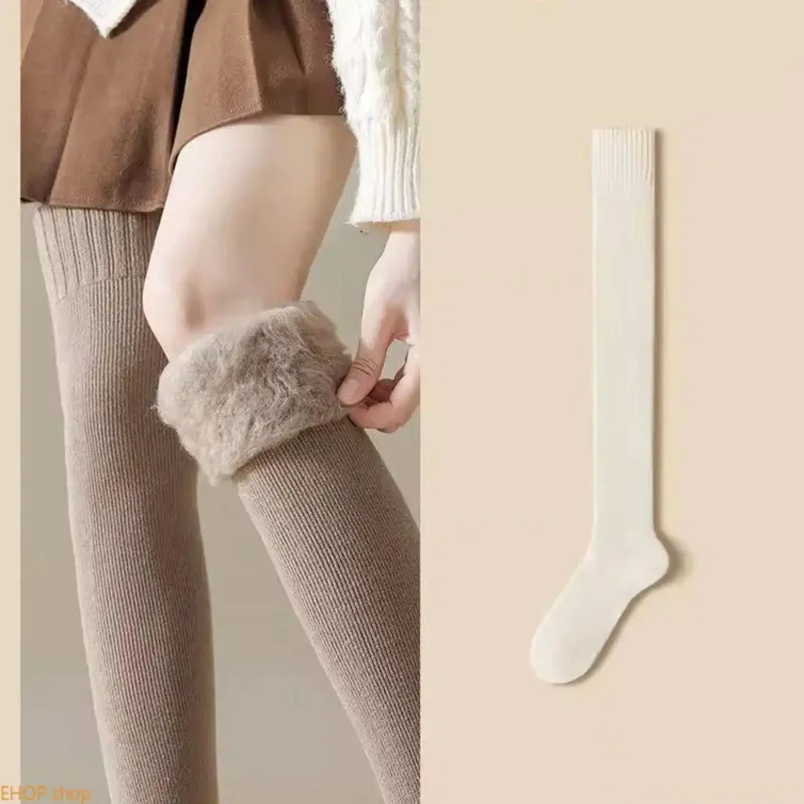 Fleece Lined Thermal Knee High Socks Thick Ribbed Cashmere Like Ultra Soft Warm Stockings Secure Fit Luxurious Texture For Indoor Lounging Layering Under Pants Daily Casual Wear, Plush, Fabric, Essential, Single Pair