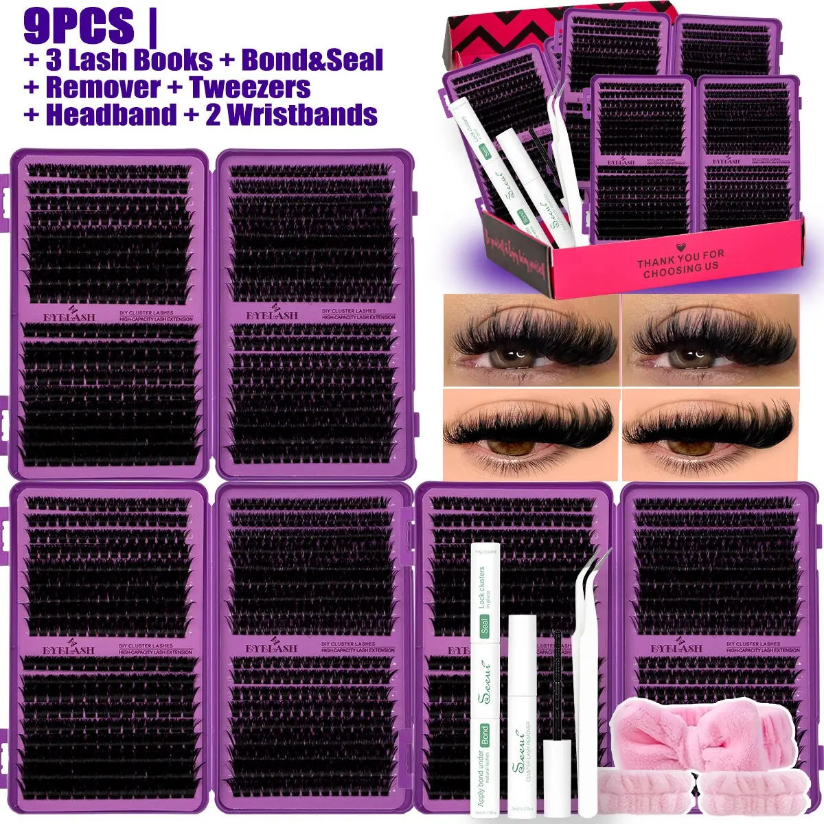 80D/100D/120D/150D Dense False Lash Clusters Kit, Makeup, DIY Dramatic Soft Lightweight Long-Lasting Cluster Lashes with Bond & Seal, Remover, Tweezers, Headband and Wristbands for Salon-Style Looks at Home