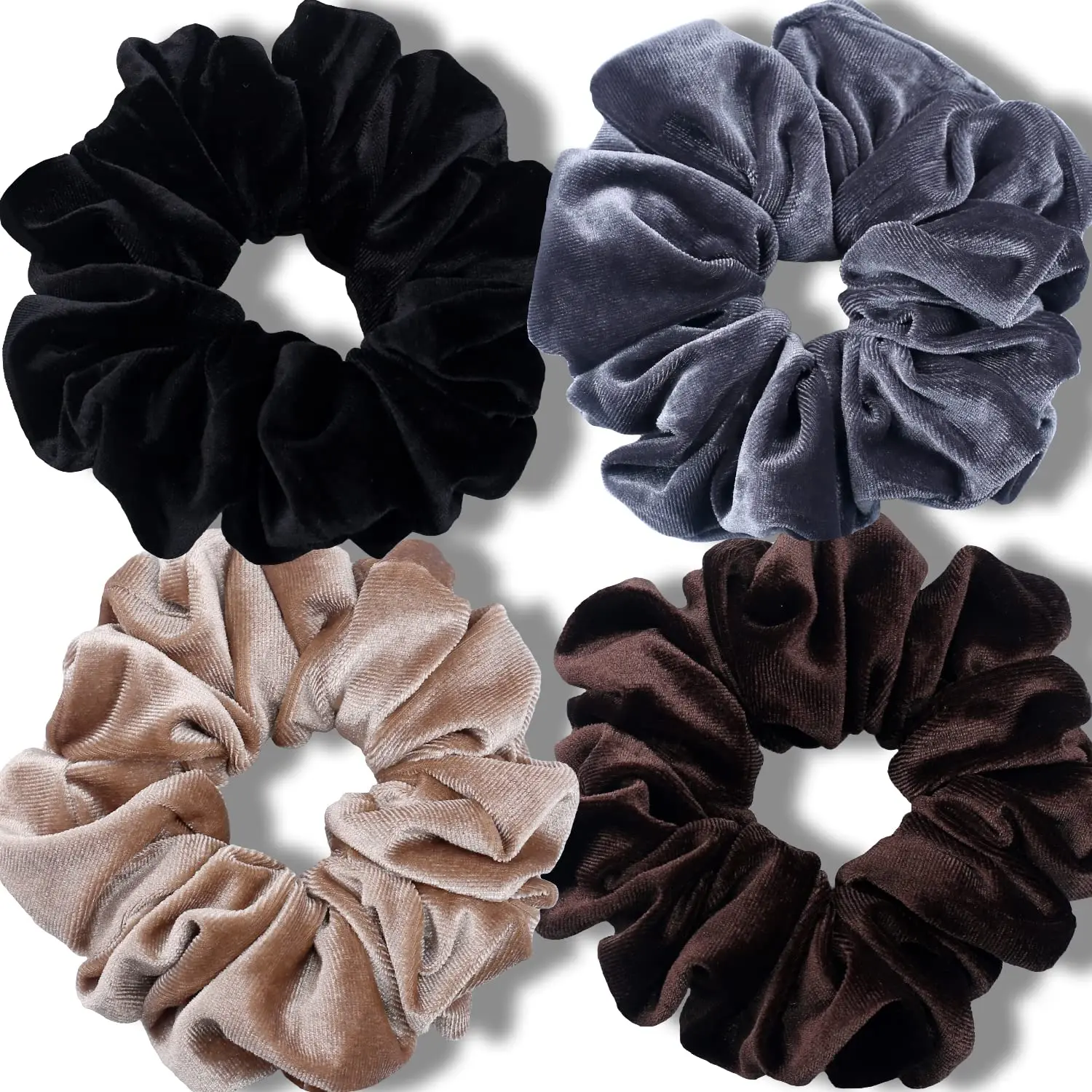 Female 6-in Solid Velvet Extra Large Scrunchies, XL-Length Hair Accessories for Thick Hair, Premium Soft Jumbo Elastic Band, 4-Pack V-Neutral