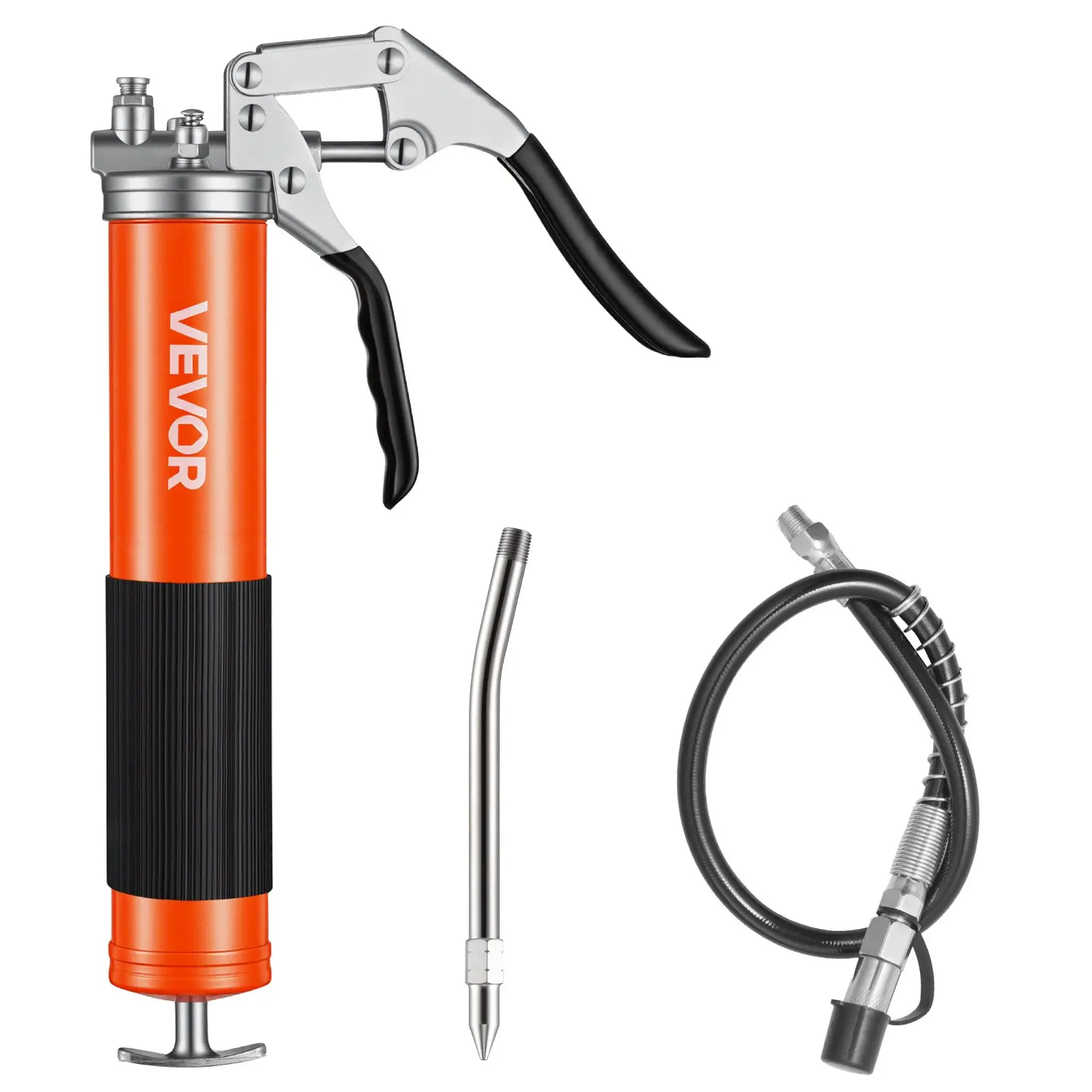 VEVOR Carbon Steel Grease Gun, 8000 PSI High Pressure Heavy Duty Pistol Grip Kit, 14 oz Capacity with 18-Inch Flex Hose, 1 Rigid Extension Pipe, 1 Sharp Nozzle, Sealed Body for Grease Cartridges, Automotive Use
