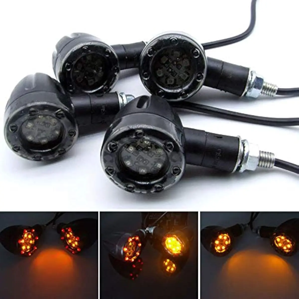 4-Pcs Universal 12V DC Motorcycle ATV Bullet Turn Signal Brake Lights - 6 LED Amber Indicator & Red Lamp Set, Brake/Signal