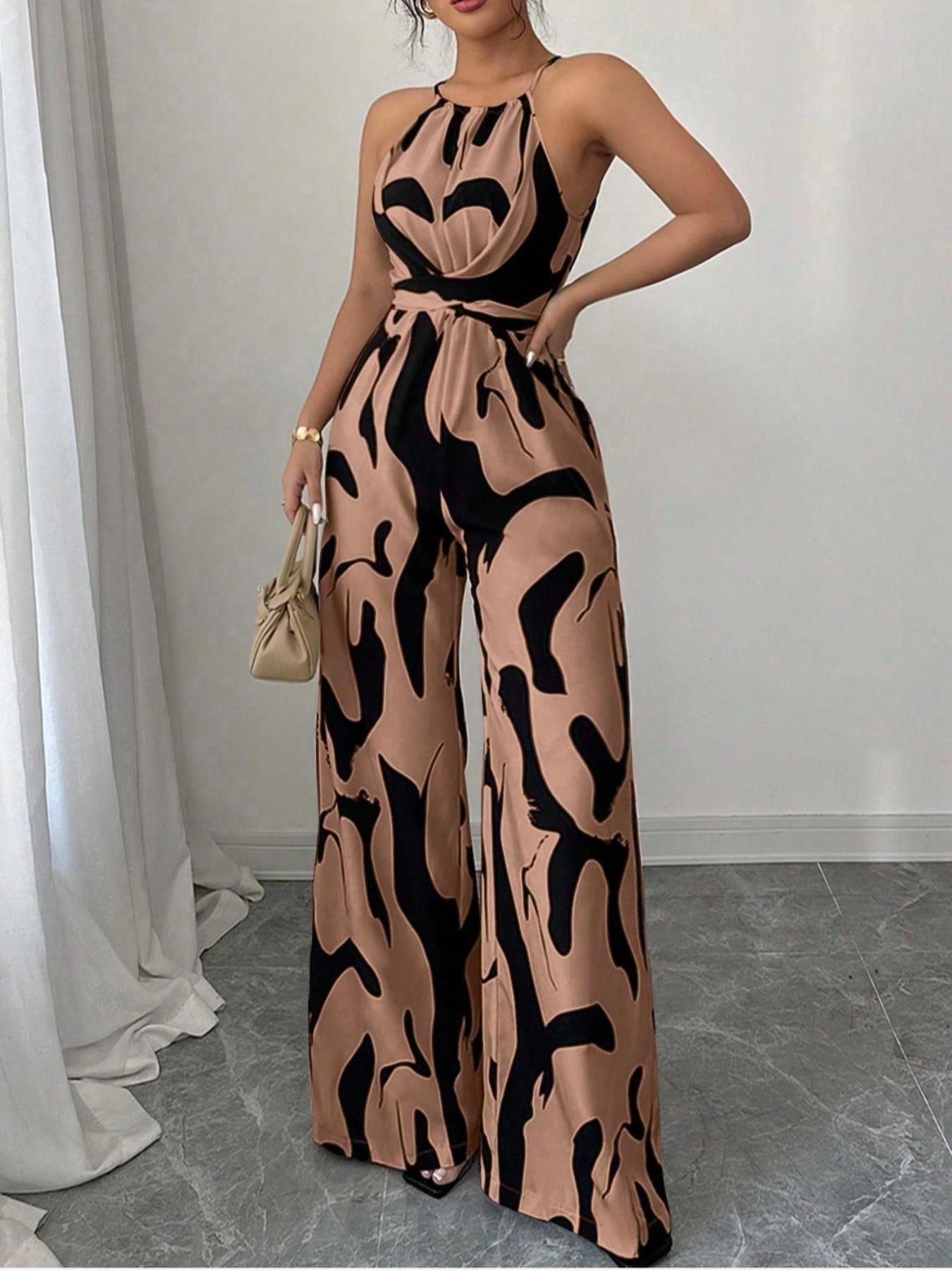 Women's Elegant Abstract Bodycon Jumpsuit, Sleeveless Summer, Fitted Style for Parties & Formal Events, Moderate Fabric Thickness