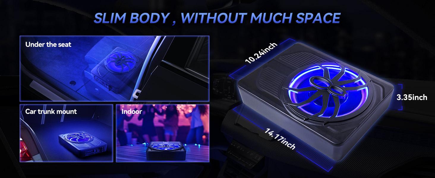SUNDAY MIRTH Upgraded 10" 1200W Slim Under Seat PoweredCarSubwoofer1000WCar Subwooferwith APPControlandColour Light,10'' Slim UnderSeatPoweredCar Subwoofer w\/Built-in Amplifier & Hi\/Lo Input, Bass SpeakerSubwooferfor Car\/Truck\/SUV\/Jeep\/MPV homesound