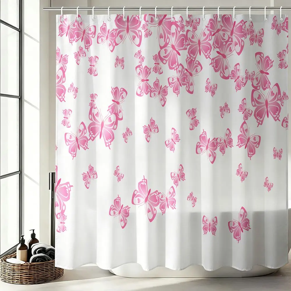 1Pcs Pink Butterfly Shower Curtain Aesthetic Bathroom Decor Set, Waterproof Cloth Fabric Bathtub Privacy Curtain for Girls Room, Soft Cute Floral Bath Accessory, Easy Clean with 12 Hooks