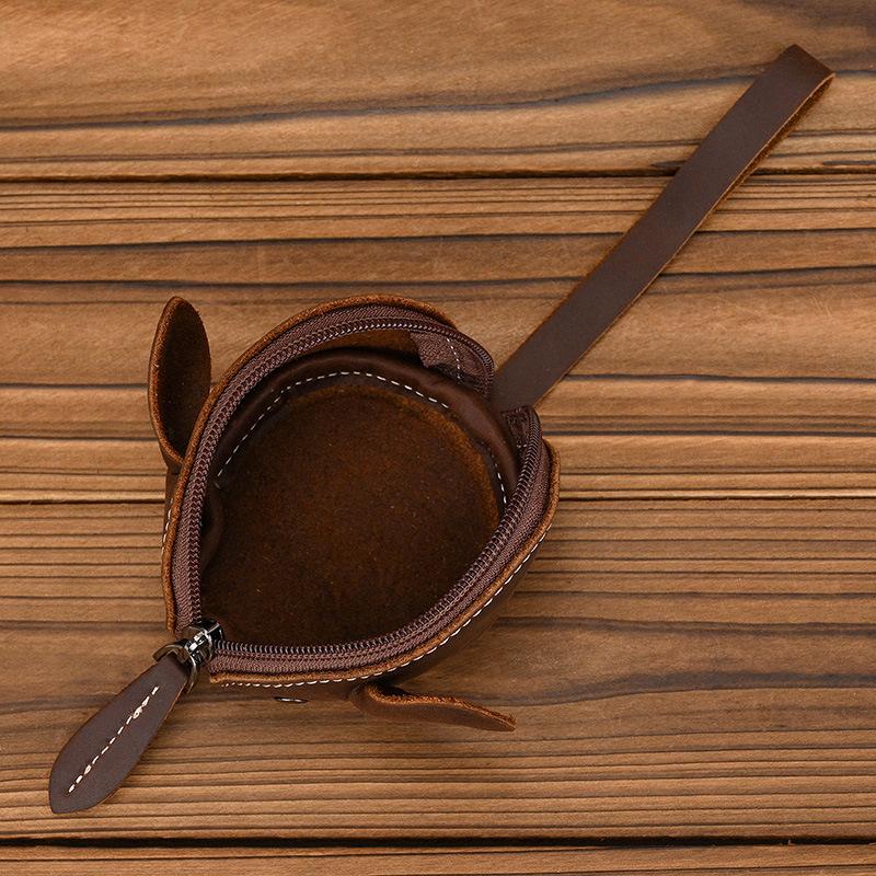 Unisex Crazy Horse Leather Card Holder & Coin Purse | Genuine Cowhide Mini Wallet, Cute Mouse Animal Design, Zipper Closure Slim Card Case, Durable Lightweight EDC Pocket Wallet for Daily Casual Use