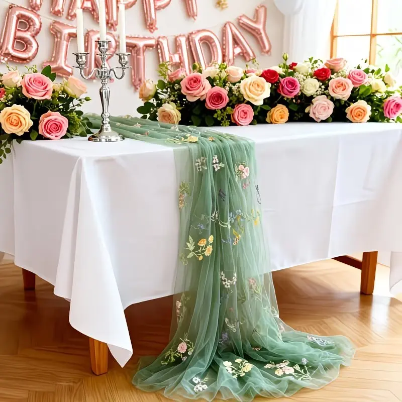 Mint Floral Butterfly Embroidered Table Runner, 29.5x118inch, Perfect for Weddings, Parties, DIY Decor, All Seasons