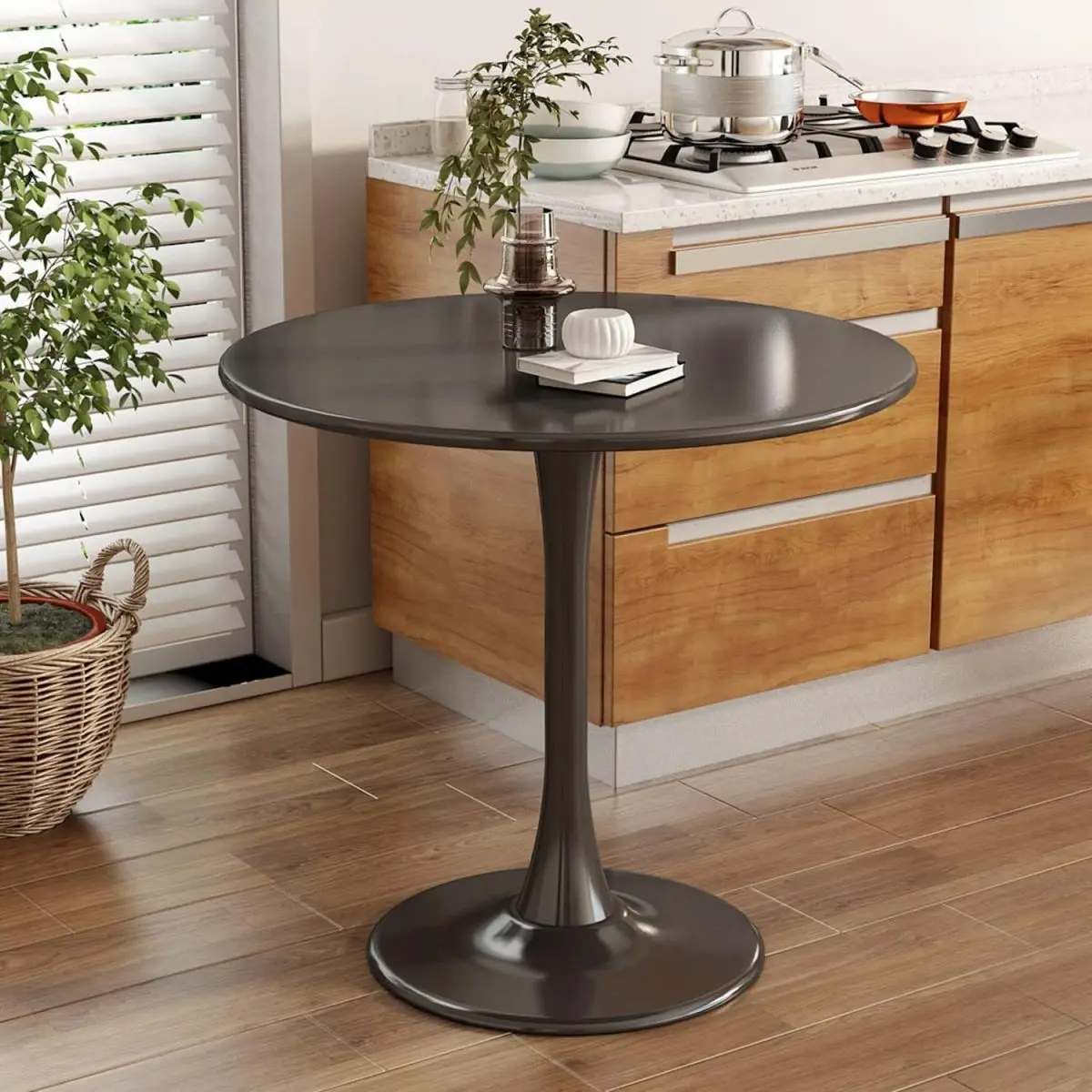 Black Round Table, Modern Dining Table, MDF Top and Steel Base Tulip Round Kitchen Table, Mid Century Coffee Table for Living Room 24 Inch, Kitchen Table, Oval Dining Table